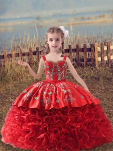Amazing Red Straps Lace Up Embroidery Little Girl Pageant Dress Sweep Train Sleeveless
