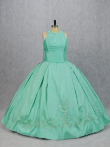 Floor Length Apple Green Ball Gown Prom Dress Satin Sleeveless Embroidery