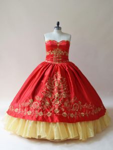 Red Ball Gowns Embroidery Ball Gown Prom Dress Lace Up Satin Sleeveless