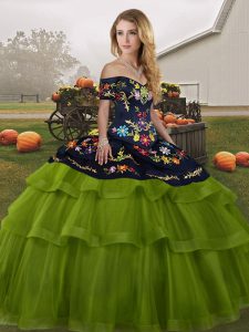 High Quality Sleeveless Tulle Brush Train Lace Up Quinceanera Gown in Olive Green with Embroidery and Ruffled Layers