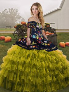 Designer Olive Green Off The Shoulder Lace Up Embroidery and Ruffled Layers Quinceanera Dresses Sleeveless