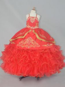 Organza Straps Sleeveless Lace Up Embroidery and Ruffled Layers Kids Formal Wear in Red