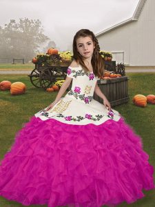 Floor Length Fuchsia Little Girls Pageant Gowns Organza Sleeveless Embroidery and Ruffles