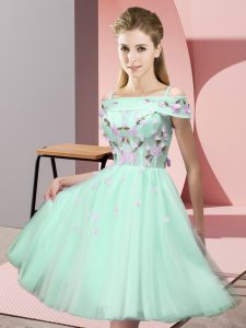 Off The Shoulder Short Sleeves Tulle Wedding Party Dress Appliques Lace Up