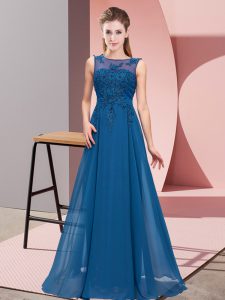 Blue Empire Scoop Sleeveless Chiffon Floor Length Zipper Beading and Appliques Bridesmaids Dress