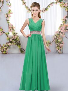 Chic Beading and Belt Bridesmaids Dress Turquoise Lace Up Sleeveless Floor Length