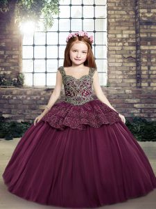 Purple Little Girls Pageant Dress Party and Military Ball and Wedding Party with Beading and Appliques Straps Sleeveless