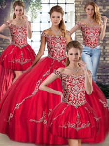Ball Gowns Sweet 16 Dresses Red Off The Shoulder Tulle Sleeveless Floor Length Lace Up