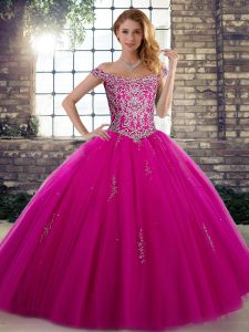 Traditional Ball Gowns Quince Ball Gowns Fuchsia Off The Shoulder Tulle Sleeveless Floor Length Lace Up