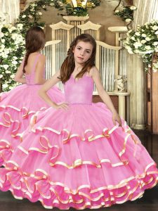 Straps Sleeveless Lace Up Child Pageant Dress Pink Organza