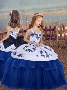 Cheap Floor Length Blue Little Girl Pageant Dress Tulle Sleeveless Embroidery