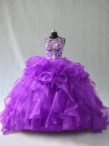 Purple Sleeveless Floor Length Beading and Ruffles Lace Up Quinceanera Gown