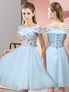 Light Blue Short Sleeves Tulle Lace Up Wedding Guest Dresses for Wedding Party