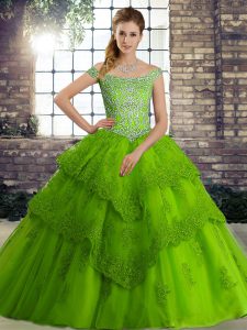 Green Sweet 16 Dress Tulle Brush Train Sleeveless Beading and Lace