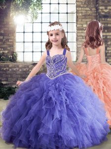 Popular Straps Sleeveless Tulle Little Girls Pageant Gowns Beading and Ruffles Lace Up