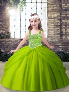 Fashionable Floor Length Green Little Girls Pageant Gowns Straps Sleeveless Lace Up