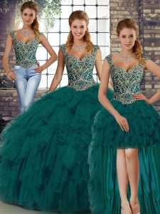 Peacock Green Sleeveless Organza Lace Up Vestidos de Quinceanera for Military Ball and Sweet 16 and Quinceanera