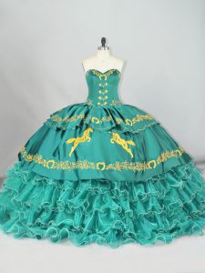 Sexy Sweetheart Sleeveless Quinceanera Gown Brush Train Embroidery and Ruffled Layers Turquoise Satin and Organza