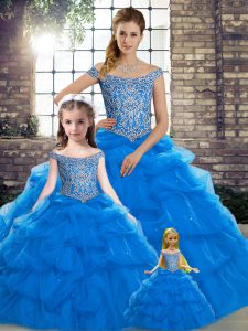 Blue Sleeveless Tulle Brush Train Lace Up Sweet 16 Quinceanera Dress for Military Ball and Sweet 16 and Quinceanera