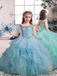 High Class Beading and Ruffles Child Pageant Dress Light Blue Lace Up Sleeveless Floor Length