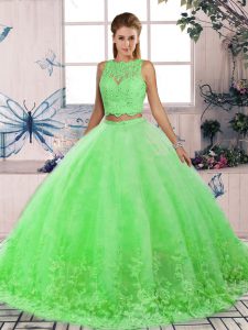 Sophisticated Green Sweet 16 Dresses Tulle Sweep Train Sleeveless Lace