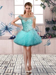 Aqua Blue Lace Up Prom Gown Beading and Ruffles Sleeveless Mini Length
