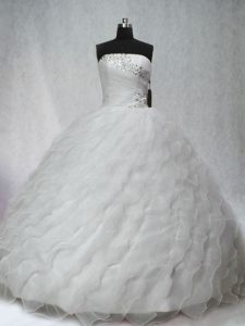 Sleeveless Organza Brush Train Lace Up Quinceanera Gowns in White with Beading and Ruching