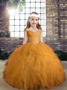 On Sale Sleeveless Floor Length Beading and Ruffles Lace Up Little Girl Pageant Dress with Gold