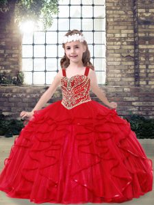 Straps Sleeveless Girls Pageant Dresses Floor Length Beading and Ruffles Red Tulle