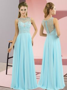 Fashion Floor Length Aqua Blue Prom Party Dress High-neck Sleeveless Zipper