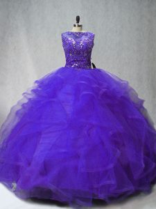 Purple Sleeveless Brush Train Beading and Ruffles Ball Gown Prom Dress