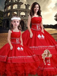 Exquisite Red Ball Gown Prom Dress Sweet 16 and Quinceanera with Embroidery and Ruffles Strapless Sleeveless Lace Up