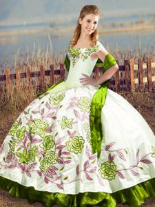 Beautiful Olive Green Satin Lace Up Off The Shoulder Sleeveless Floor Length Quinceanera Dress Embroidery
