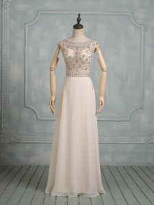 Floor Length Champagne Wedding Gowns Chiffon Cap Sleeves Beading