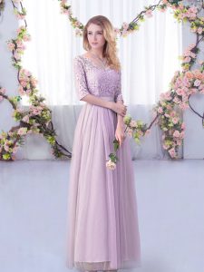Best Floor Length Lavender Bridesmaid Dresses V-neck Half Sleeves Side Zipper