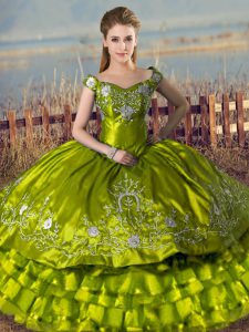 Olive Green Quinceanera Dresses Sweet 16 and Quinceanera with Embroidery and Ruffled Layers Off The Shoulder Sleeveless 