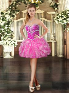 Glorious Hot Pink Sleeveless Beading and Ruffles Mini Length Evening Dress