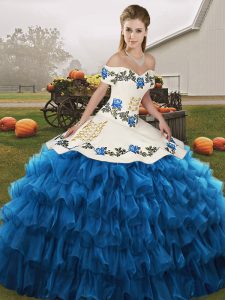 Sophisticated Organza Off The Shoulder Sleeveless Lace Up Embroidery and Ruffled Layers Quinceanera Gown in Blue And Whi