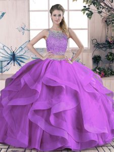 Stunning Purple Sleeveless Floor Length Beading and Lace and Ruffles Lace Up Quinceanera Gowns