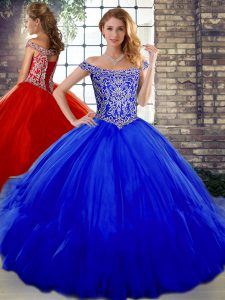 Most Popular Sleeveless Floor Length Beading and Ruffles Lace Up 15 Quinceanera Dress with Royal Blue
