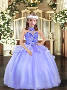 Organza Halter Top Sleeveless Lace Up Appliques Kids Pageant Dress in Lavender
