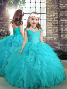 Trendy Beading and Ruffles Little Girl Pageant Gowns Aqua Blue Lace Up Sleeveless Floor Length
