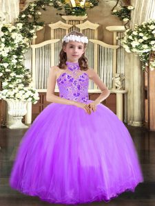 Sleeveless Tulle Floor Length Lace Up Pageant Gowns For Girls in Lavender with Appliques