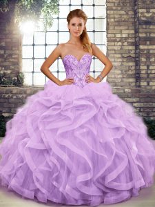 Fitting Lavender Sleeveless Tulle Lace Up Quince Ball Gowns for Military Ball and Sweet 16 and Quinceanera