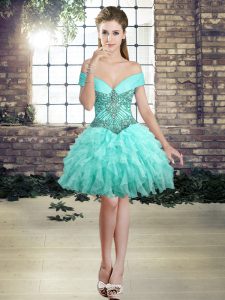 High End Ball Gowns Prom Evening Gown Aqua Blue Off The Shoulder Organza Sleeveless Mini Length Lace Up
