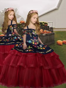 Best Floor Length Ball Gowns Sleeveless Red Little Girls Pageant Gowns Lace Up
