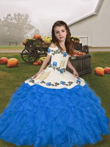 Trendy Blue Organza Lace Up Straps Sleeveless Floor Length Kids Formal Wear Embroidery and Ruffles