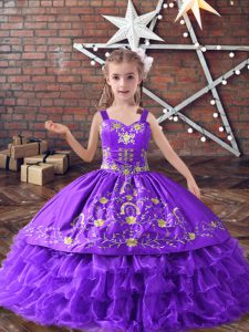 Excellent Lavender Lace Up Pageant Dress Embroidery and Ruffled Layers Sleeveless Floor Length