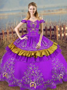 Purple Quinceanera Gowns Sweet 16 and Quinceanera with Embroidery Off The Shoulder Sleeveless Lace Up