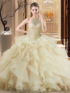 Brush Train Ball Gowns Quinceanera Dresses Champagne Halter Top Organza Sleeveless